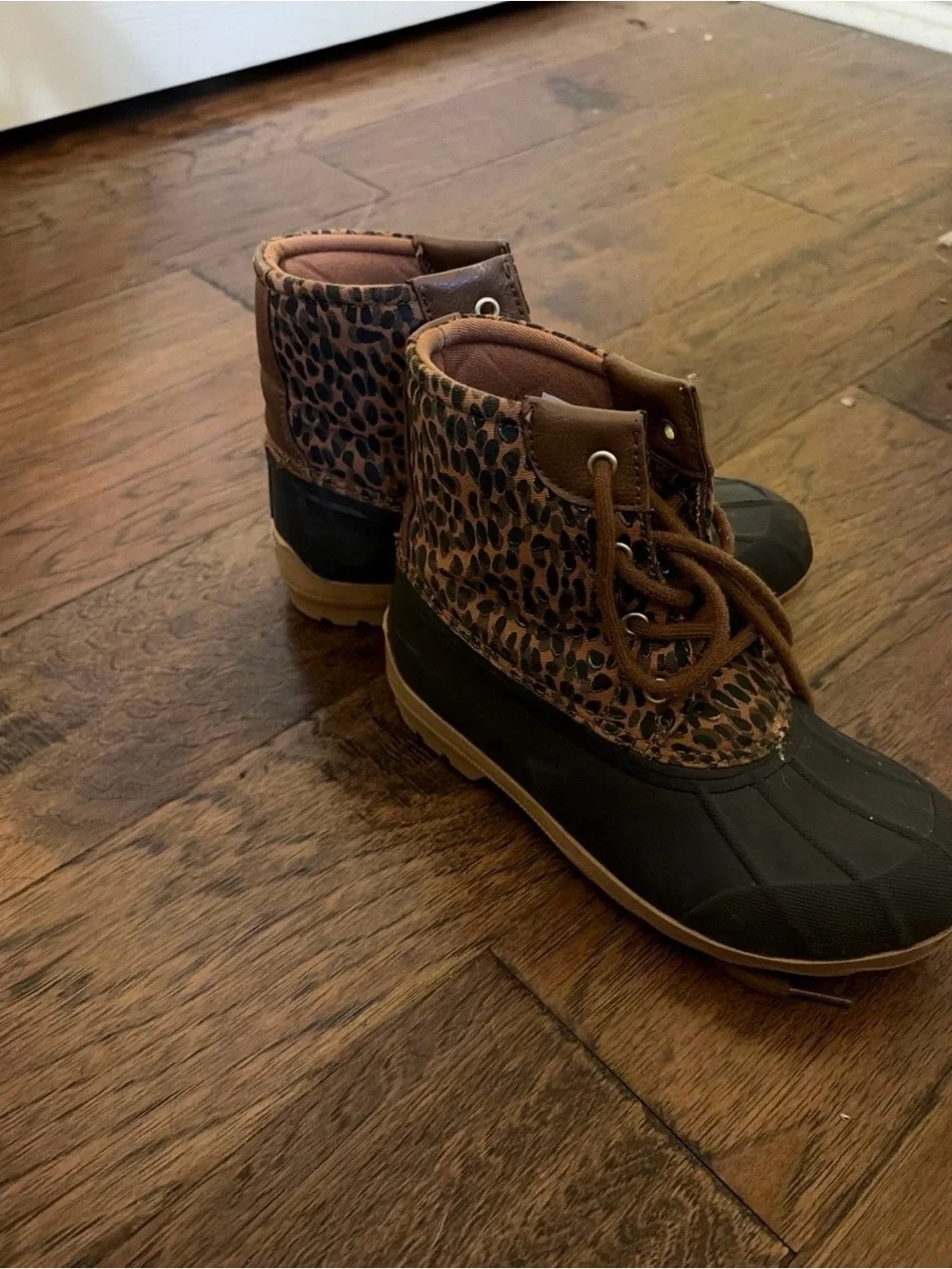 Leopard Print Duck Boots in Brown and Black